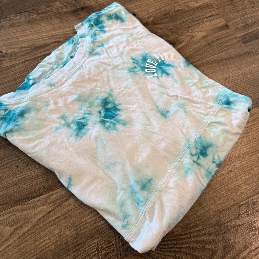Victoria's Secret PINK Tie Dye Spirit Jersey Tee XL Teal White Oversized Logo‎